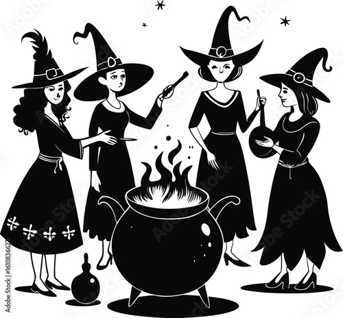 Four witches around a cauldron with fire black and white illustration