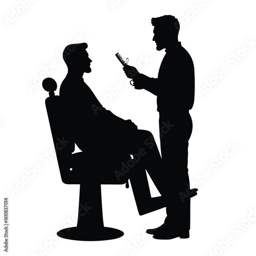 Barber cutting hair with scissors and comb haircut client