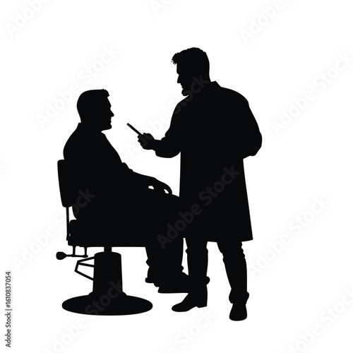 Barber cutting hair with scissors and comb haircut client