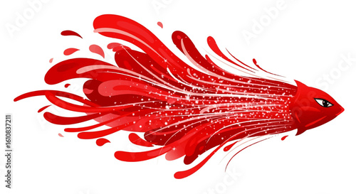 A stylized red fish, depicted in motion with water effects, on a white background.