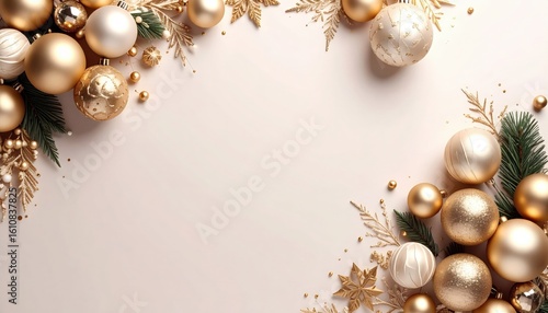 Elegant golden christmas ornaments decoration festive setting photography bright environment top-down view holiday spirit