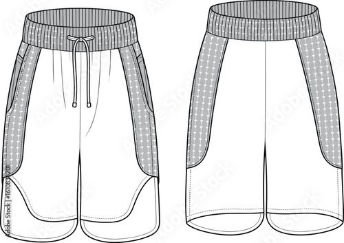 CAD drawing flat vector illustration of athletic shorts, front and back views, side panel detail, drawstring waist, technical sketch, garment layout, stylish sportswear design