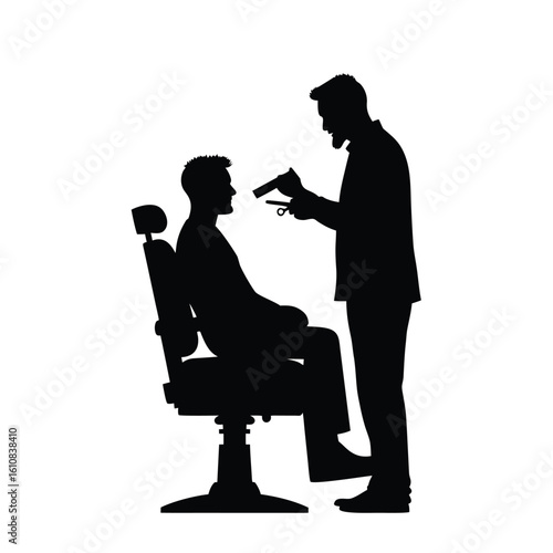 Barber cutting hair with scissors and comb silhouette haircut client