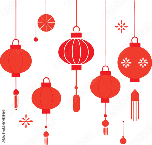 Red Chinese Lanterns Hanging for Lunar New Year Celebration Decoration