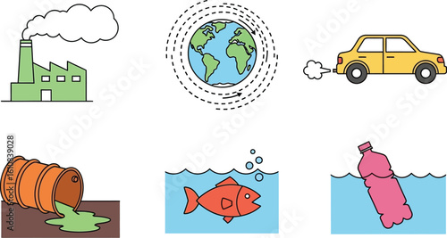 Illustrations depict key environmental pollution issues affecting our planet