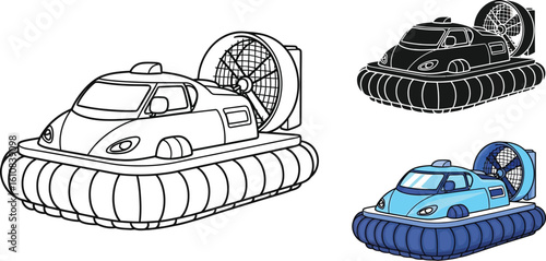 Dynamic hovercraft vehicle ready for adventure across land and water with powerful fan propulsion