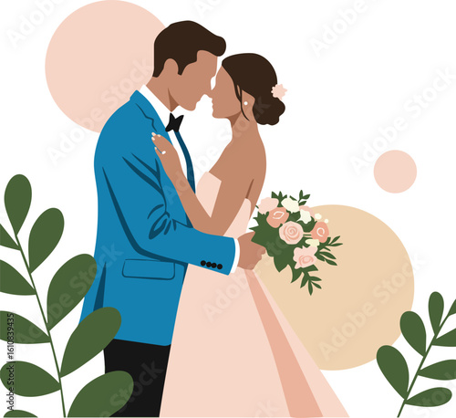 Bride and groom embracing on wedding day with bouquet and greenery in romantic vector illustration 