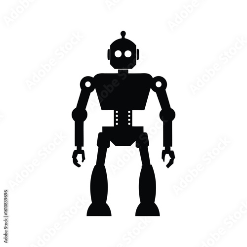 A simple black and white illustration of a vintage style robot figure