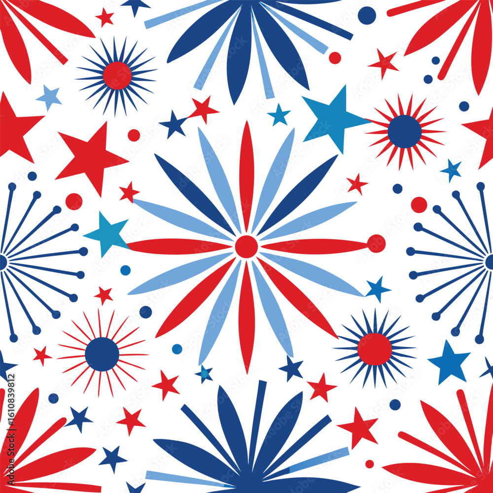 Fototapeta premium Patriotic Stars and Fireworks Seamless Pattern in Red White and Blue