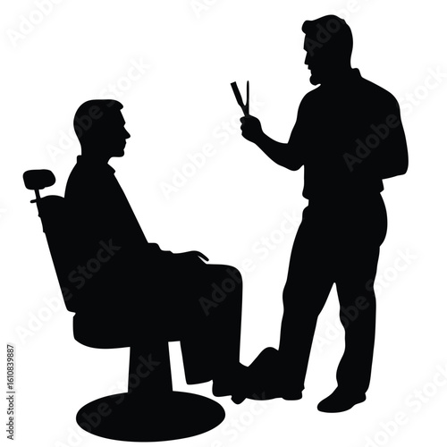 Barber cutting hair with scissors in salon haircut client