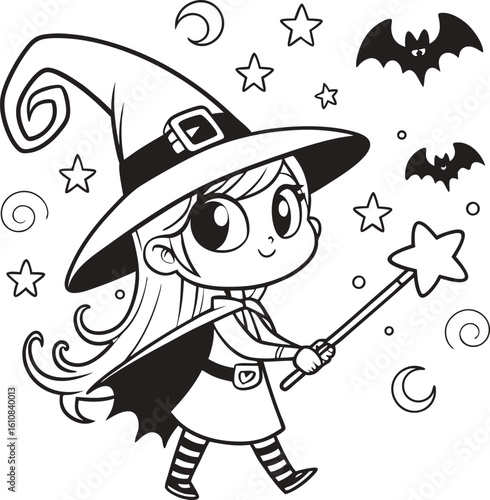 Cute Cartoon Witch Girl with Magic Wand Halloween Coloring Page