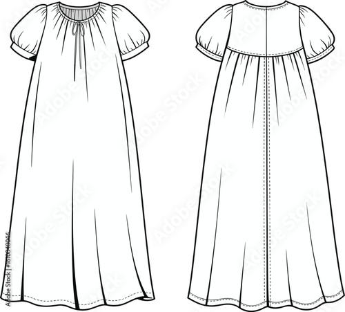 CAD drawing flat vector illustration of baby nightgown dress with puff sleeves and gathered neckline, front and back view, fashion technical sewing sketch template