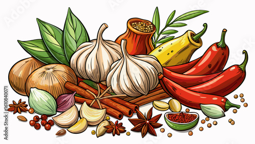 very Beautiful garlic and spices white background 