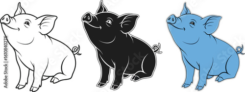 Adorable baby piglet in three charming styles for cute farm or pet themes
