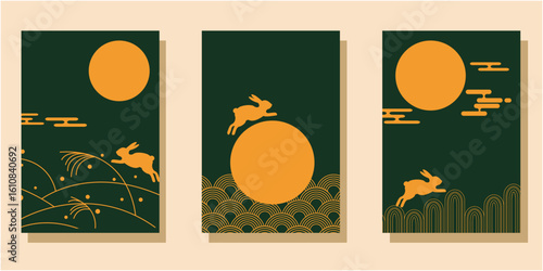 Set of Mid autumn festival illustration. Full moon and traditional decoration illustration for Mid Autumn. Vector illustration.