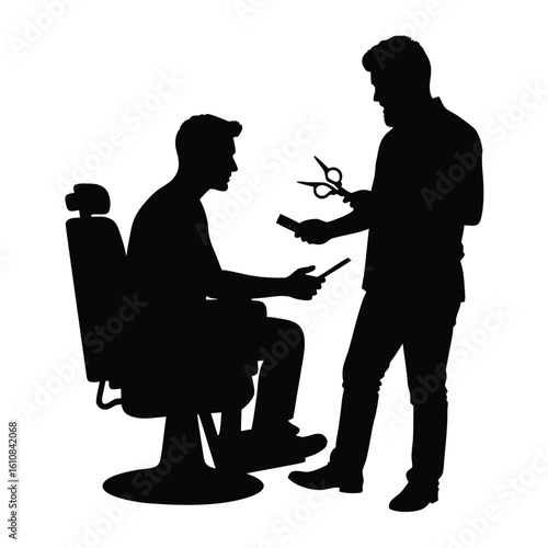 Barber with scissors and comb with client in chair vector