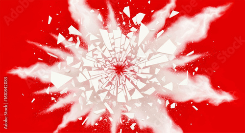 Abstract illustration of an explosion with radiating shards and cloud-like formations.
