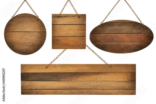 Collection of four rustic wooden signs hanging by ropes on a white background