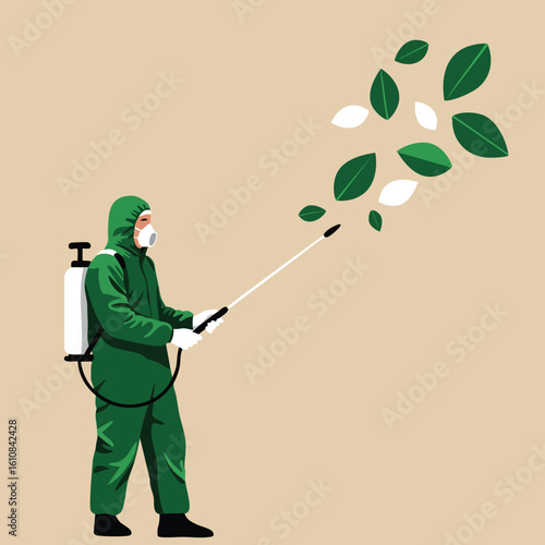 Person in protective suit spraying pesticide with green and white leaves vector illustration for gardening and plant care 