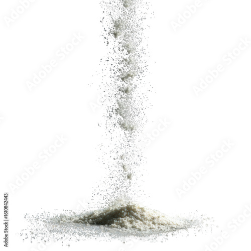 Fine white powder pouring and scattering, isolated on transparent background, representing a versatile ingredient or abstract texture