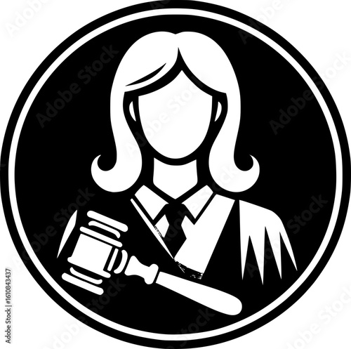 Minimalist black and white judge icon with gavel, clean lines and modern style, ideal for legal stickers, logos, or digital designs.