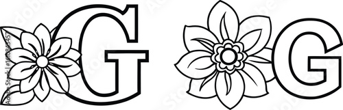 G letter Floral Alphabet Hand-drawn outline Illustration.