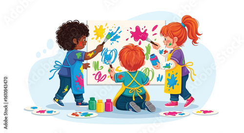 Vector illustration of small children painting on a large canvas with bright colors, wearing aprons, paint splashes around