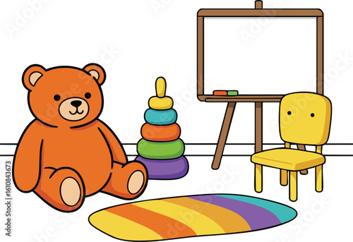 Teddy bear toy with colorful ring stack and small chair in children’s playroom vector illustration 