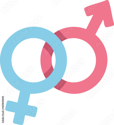 Male and female gender symbols overlapping in blue and pink simple vector design for gender representation