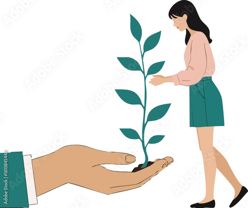 Woman nurturing young green plant held by large hand symbolizing care and environmental responsibility illustration 
