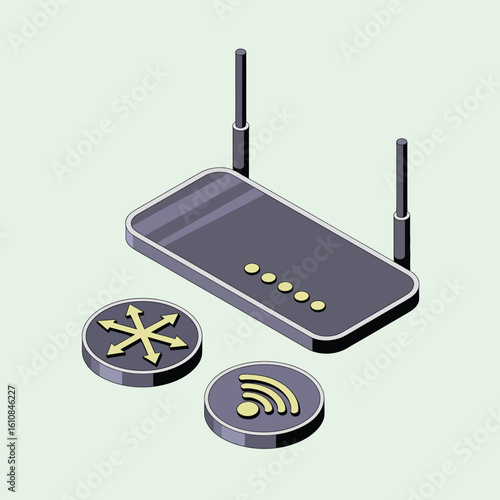 Modern wireless router and network icons in isometric view