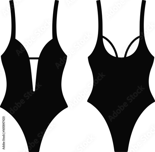 Cad drawing flat vector illustration of black one-piece swimsuit front and back view, stylish swimwear design, summer beachwear fashion, women’s bathing suit