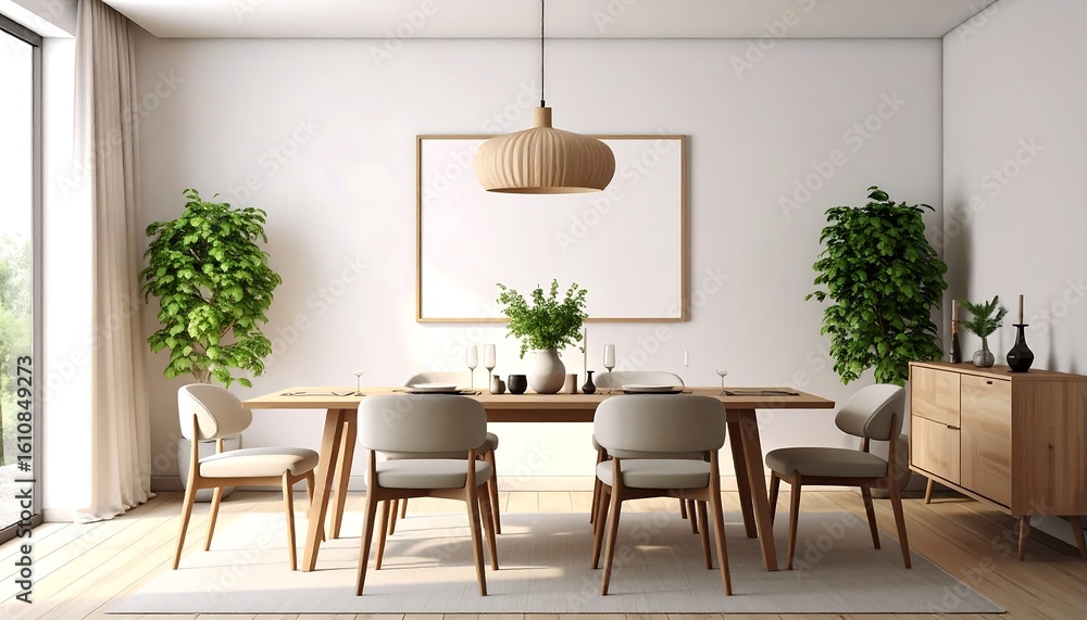 Fototapeta premium Minimalist dining room with wood table, light chairs, plants, and a large framed canvas