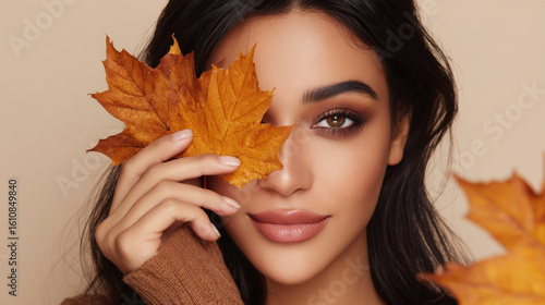 Beautiful woman with sleek dark hair holding autumn leaves near her face with warm makeup and soft smile