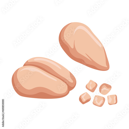Raw chicken breasts and cubes isolated on white background