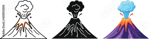 Dynamic volcano eruption icons in outline, solid black, and vibrant color styles for educational and design projects