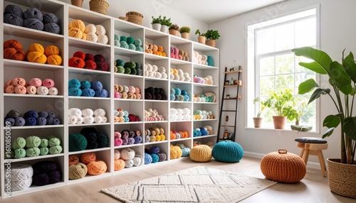 Colorful Yarn Balls Organized on White Shelves in Bright Room with Plants and Poufs