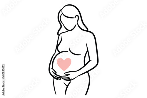 Pregnant woman with a heart symbol on her belly line art illustration