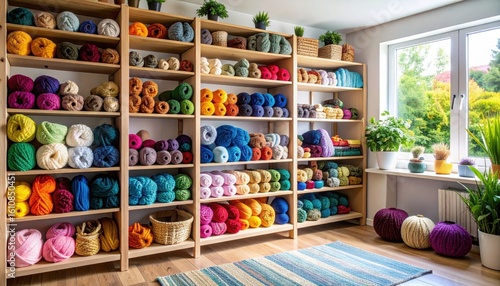 Colorful yarn balls arranged on wooden shelves in a bright, cozy craft room with natural light