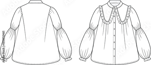 CAD drawing flat vector illustration of blouse design, ruffled collar, puff sleeves, stylish layout, front back views, fashion sketch templateCAD drawing flat vector 