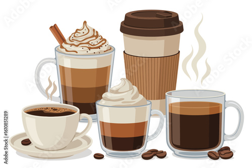 Assortment of hot coffee drinks with cream and cinnamon