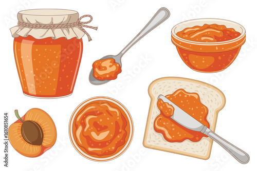 Delicious apricot jam spread on toast with fresh fruit and spoon