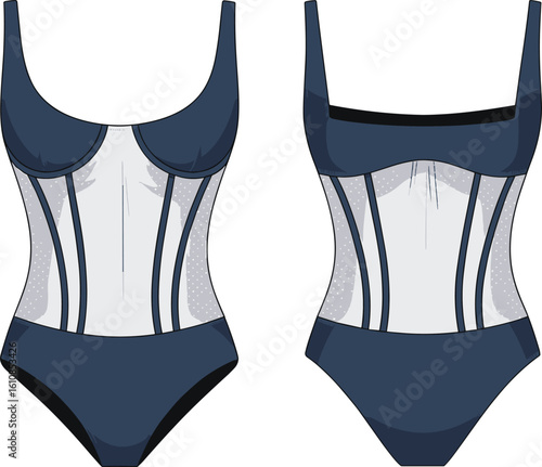 CAD drawing flat vector illustration of bodysuit, sheer mesh design, navy blue fashion garment, stylish lingerie layout, front back viewsCAD drawing 