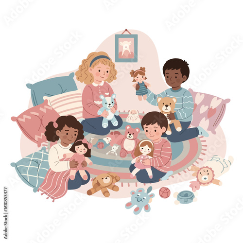 Vector of kids playing with stuffed animals and dolls in a cozy room, soft colors and happy mood