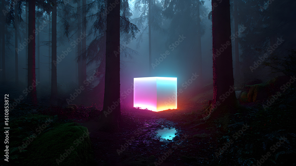 Obraz premium in a deep forest a mysterious cube emits a dim seven-colored light surrounded by thin mist creating an eerie and magical atmosphere in the shadows