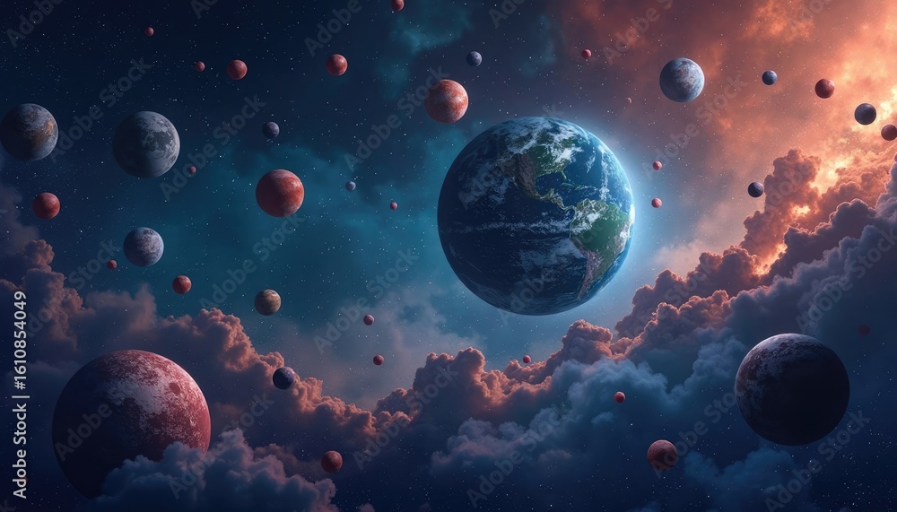 Obraz premium Celestial Convergence: Earth and Countless Moons in a Starry Expanse