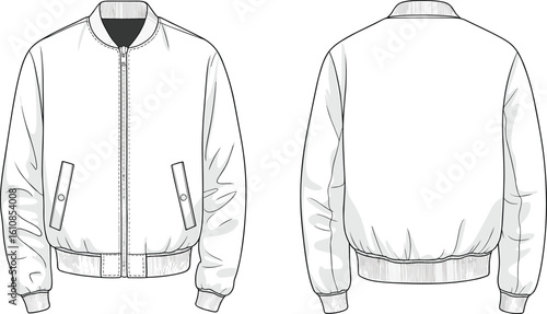 Cad drawing flat vector illustration of bomber jacket, fashion outerwear sketch, front and back view, zip-up jacket design, ribbed cuffs, technical garment template, casual wear.