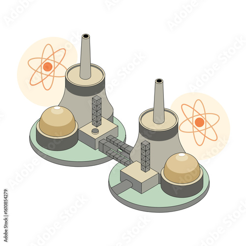 Vector illustration of two nuclear reactors with atomic symbols