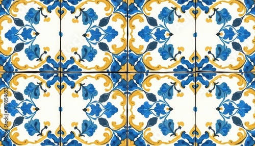 Vibrant Blue and Golden Azulejo Tile Pattern with Ornate Floral Scrolls, Seamless Traditional Ceramic Design