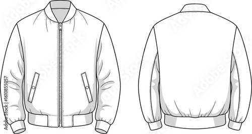 Cad drawing flat vector illustration of bomber jacket, front and back view, casual outerwear design, zip-up jacket, technical fashion sketch, ribbed cuffs, streetwear style.